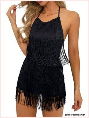 Women's Cowgirl Fringe Dress Jumpsuit Halter Backless Romper
